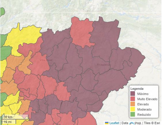 Dez dos doze concelhos de Bragança em risco máximo de incêndio