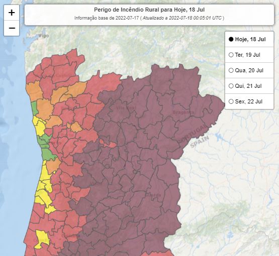 País em situação de alerta: distrito com risco máximo de incêndio